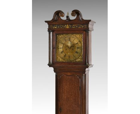 An 18th century oak longcase clock by Jeremiah Standring of Bolton with penny moonphase, the twin train bell strike movement 