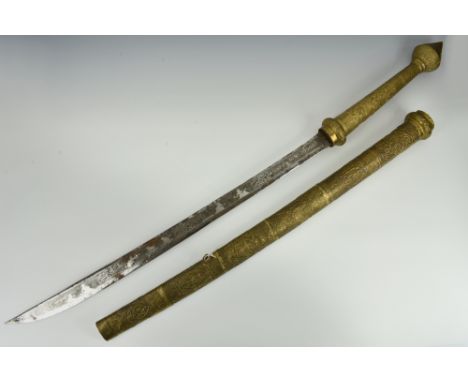 A 19th century Burmese sword Dha, with 30in. (77.5cm.) slightly curved pointed blade with silver inlaid full length panels on