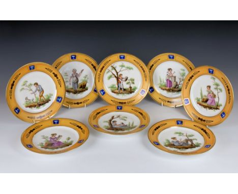 A set of eight Paris porcelain cabinet plates, second quarter 19th century, painted with figures in garden settings, within p