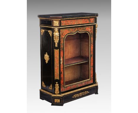 A Victorian ebony, boulle work and gilt metal pier cabinet, the replaced black marble top with canted angles, over a boulle w