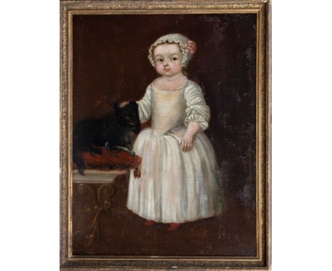 English School (first half 19th century), Portrait of a young girl, full length, with her dog, oil on canvas, laid onto board