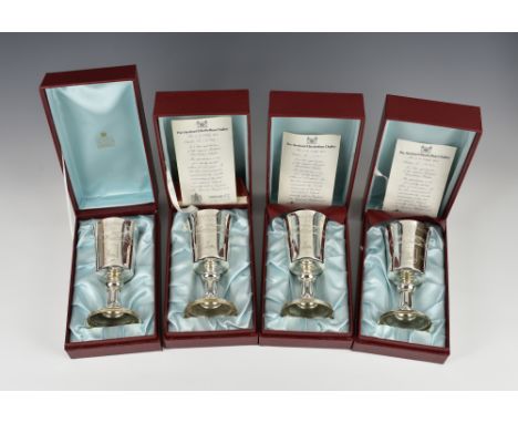 Four Elizabeth II silver reproductions of The Hertford Elizabethan Chalice, Garrard & Co., London 1972, no. 929 and 1239-1241