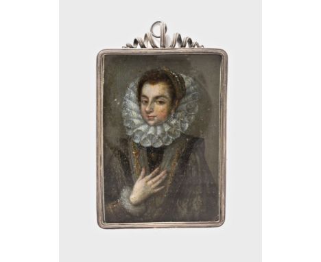 Florentine School (early 17th century), Portrait miniature of a noblewoman, half length with her right hand raised to her che