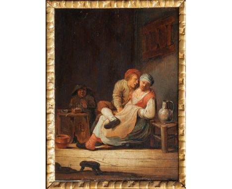 Flemish School (18th century), Bawdy tavern scene, oil on oak panel, signed with monogram BL/LB to table centre left, in ebon