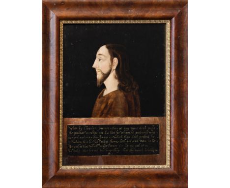 17th / 18th century English School, Portrait of Christ in profile, inscribed with verse beneath, 'When by Christes pictuer th