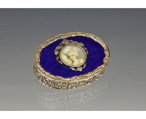 A German silver, enamel and marcasite portrait trinket box, early 20th century, Simon Rosenau, Bad Kissingen, oval, the hinge