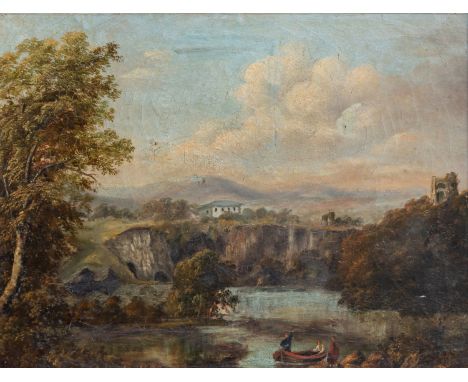 English School (mid-19th century), Lake landscape with fishermen on a boat and country house distant, oil on canvas, in perio