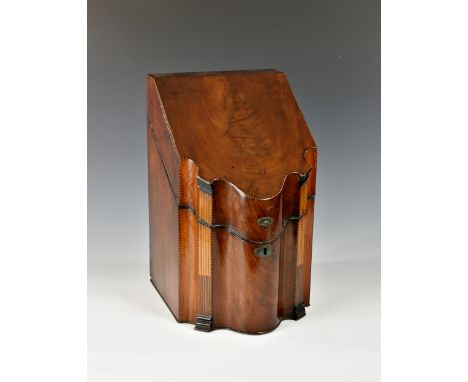 A George III inlaid mahogany knife box, the well figured, sloped front opening to reveal the original fitted barber's pole ba