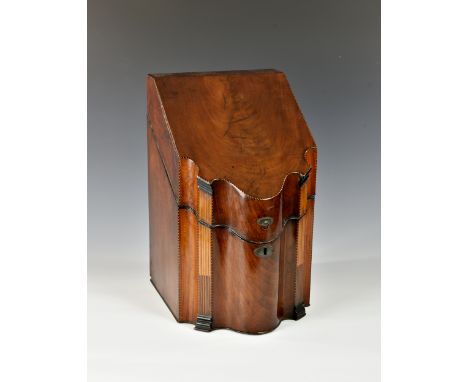 A George III inlaid mahogany knife box, the well figured, sloped front opening to reveal the original fitted barber's pole ba