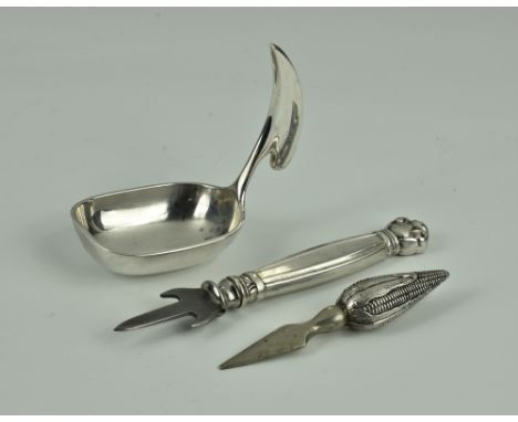 A Danish silver caddy or jam spoon by Hans Hansen, mid-20th century, impressed '925 Hans Hansen Sterling Denmark', with deep 