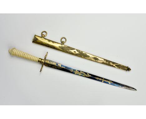 A late Georgian Midshipman's or Officer's dirk, the 9in. diamond section double edge blued steel blade engraved with gilt fol