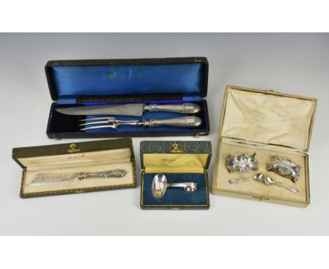 Four cased sets of French silver and white metal cutlery and condiments, comprising a pair of open salts and spoons of shaped