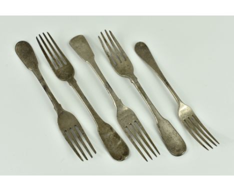 Four Georgian silver fiddle pattern table forks, together with a single Victorian OEP dessert fork, weight 10.8 tr.oz. (5)