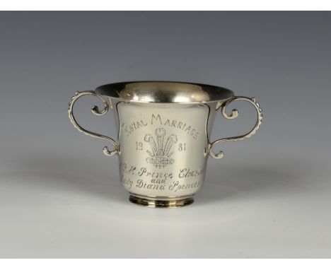 A Channel Islands silver commemorative twin handled christening cup, Bruce Russell, Guernsey, date mark E (1981), to commemor