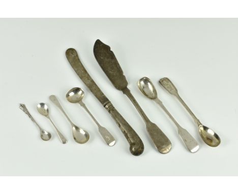 A William IV silver fiddle pattern butter knife, William Bateman II, London 1834; together with two Victorian mustard spoons,