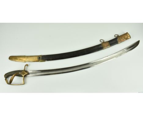 An early 19th century British heavy cavalry sword, curved 29½in. (75cm.) blade, brass hilt with double bar guard, striped sha