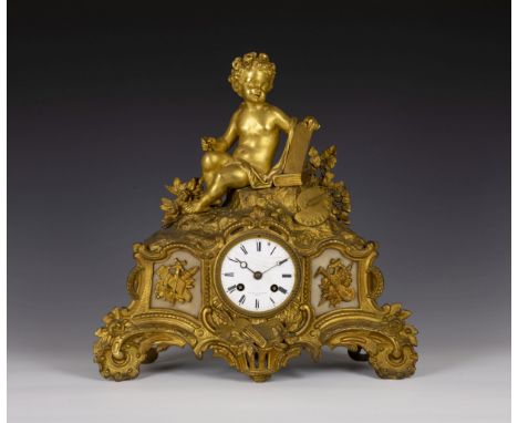 A French 19th century gilt metal cherub mantel clock by Baume & Lezard, the gilt metal case in the Louis XVI taste, with orna