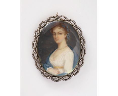 A late 18th century French School portrait miniature in jewelled frame, Elisabeth Charlotte Pauline de Meulan, later Guizot (