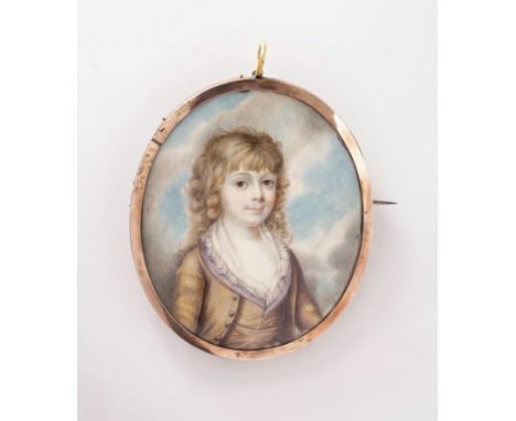 Circle of Richard Cosway (British, 1742-1821), Portrait miniature of a boy, half length, dressed in a dark gold coat with lav