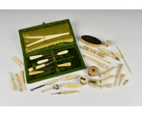 A collection of antique bone and ivory sewing accessories, comprising a novelty miniature magnifier in the form of a gavel; p