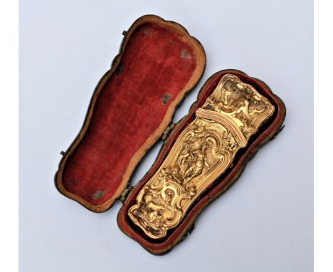 An 18th century French gold etui, circa 1740, in a shagreen case, the finely cast and chased shaped etui with raised decorati