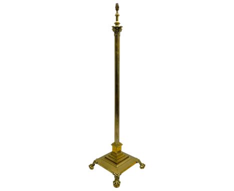 Late 20th century brass telescopic standard lamp in the form of a Corinthian column, Corinthian acanthus leaf capital over re