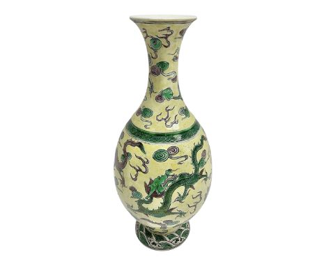 20th century Chinese Famille Verte vase, of slender ovoid form with tapering neck and flared rim, decorated with green and gr