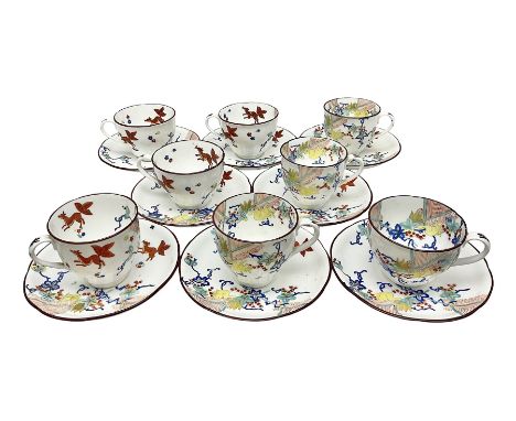 Mid 19th century English porcelain Kakiemon tea wares, decorated in the 'Flying fox' pattern after Meissen, with flying fox a