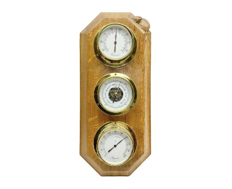 Mouseman - oak wall hanging combination weather centre, with independent barometer, hygrometer and thermometer dials, on cant