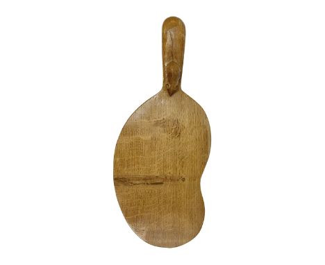 Mouseman - oak kidney-shaped cheeseboard, the handle caved with mouse signature, by the workshop of Robert Thompson, KilburnD