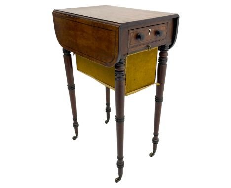 Narrow George III mahogany sewing or work Pembroke table, drop-leaf rectangular top with rounded corners inlaid with ebony st