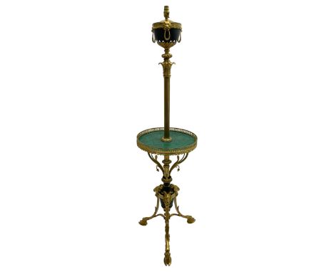 Late 20th century brass standard lamp, the single branch over reeded stem with curled acanthus leaf capital, circular green m