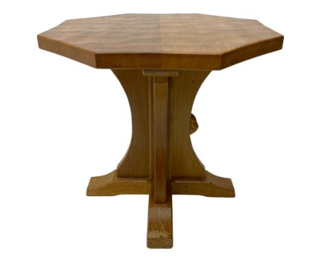 Mouseman - oak occasional table, octagonal adzed top on cruciform base with sledge feet, carved with mouse signature, by the 