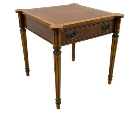Figured amboyna side or lamp table, square form with extending circular corners, the top with quarter-matched veneers with fe