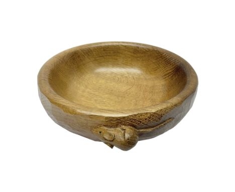 Mouseman - small tooled oak nut bowl, carved with mouse signature, the underneath carved with inscription 'Thank You JR Oct 2