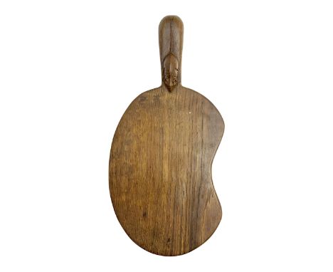 Mouseman - oak kidney-shaped cheeseboard, the handle caved with mouse signature, by the workshop of Robert Thompson, Kilburn 