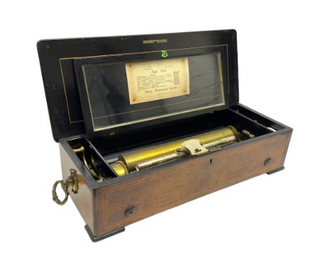 Swiss - late19th century cylinder musical box playing 8 airs, in a figured mahogany case with ebonised edges and block feet, 