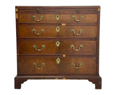 George III mahogany chest, banded caddy top with moulded edge, brushing slide over four graduating cock-beaded drawers, ornat