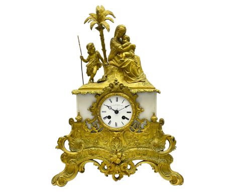 French - Parisian 8-day patinated figural mounted mantle clock c1820, in a rectangular white marble case surmounted by a moth