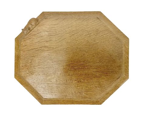 Mouseman - adzed oak chopping board, elongated octagonal form, moulded edge carved with mouse signature, by the workshop of R