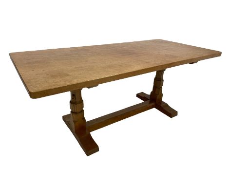 Mouseman - oak 6' refectory dining table, rectangular adzed and pegged top, two octagonal pillar supports on sledge feet join