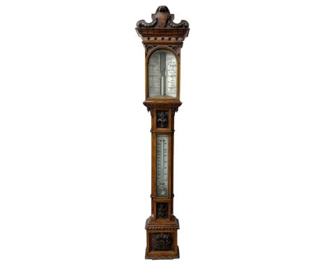 J Hicks - Hatton Garden London, - late 19th century carved oak cased Fitzroy barometer in a richly carved case with a carved 