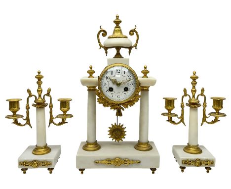 French - Late 19th century 8-day white marble and gilt metal portico clock garniture, the clock surmounted by an urn and rais