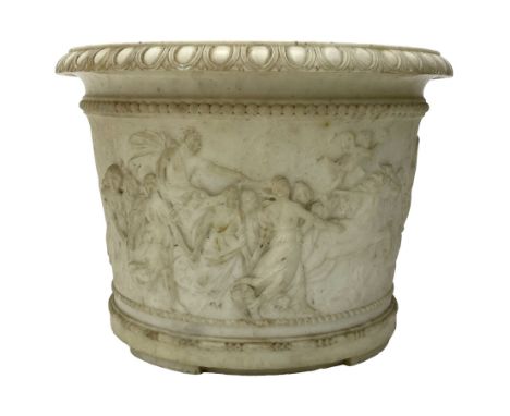 20th century marble planter, of slightly tapering cylindrical form, carved with a Classical frieze of figures and horse drawn