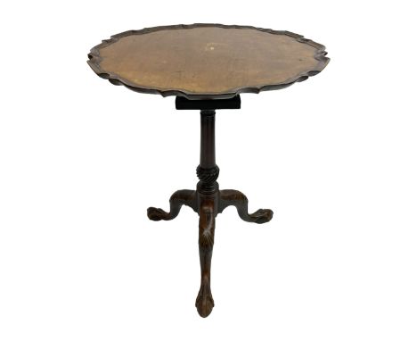 George III mahogany tripod table, pie-crust tilt-top on birdcage action with turned columns, turned column with twist baluste