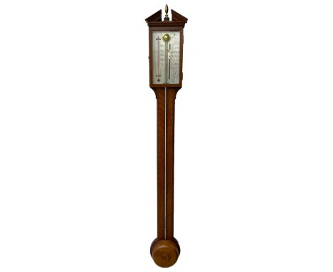 20th century - mercury cistern barometer in an 18th century style mahogany case with contrasting inlay and a broken pediment,