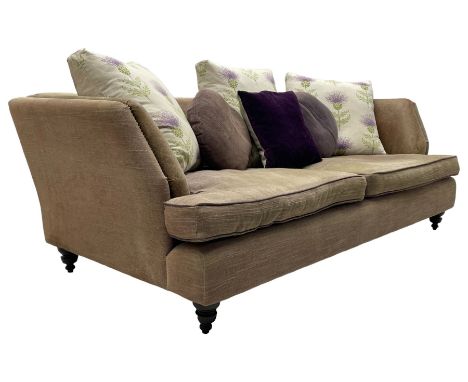 John Sankey - grande two-seat contemporary shape hardwood-framed sofa, upholstered in leather and fabric with contrasting sca