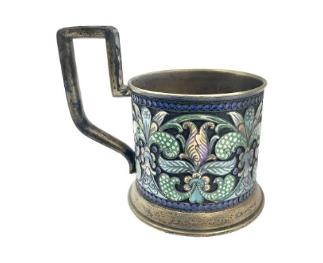 Mid 20th century Russian silver and cloisonné enamel cup, of cylindrical form upon short flared foot, the body and tall flat 