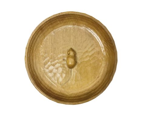 Mouseman - tooled oak fruit bowl, carved with oversized mouse signature, by the workshop of Robert Thompson, Kilburn Dimensio