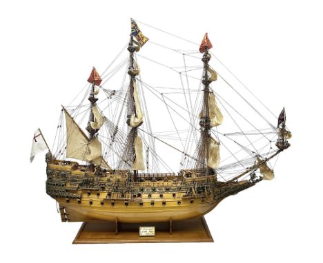 Large kit built scale model of 17th century Royal Navy warship 'HMS Sovereign of the Seas', upon wooden stand with engraved n